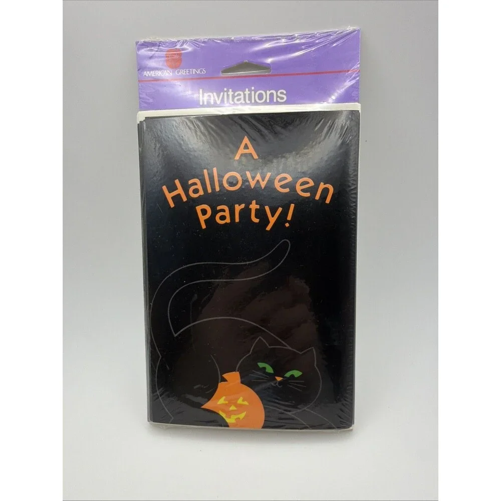 NEW Vintage Halloween Invitations Cat Pumpkin 8 Cards & Envelopes